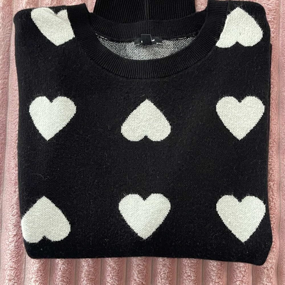 Express Black Crewneck Sweater with White Heart Motif - Picture 3 of 4